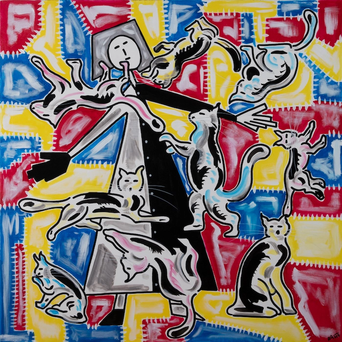 BASTO-184 l'artiste basto au travail sur un peintographe dans son atelier